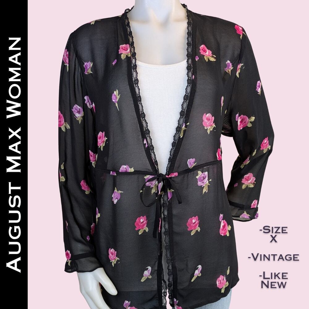 August Max Woman Blouse Size X Black Pink Floral Rose Sheer Open  Lace Feminine